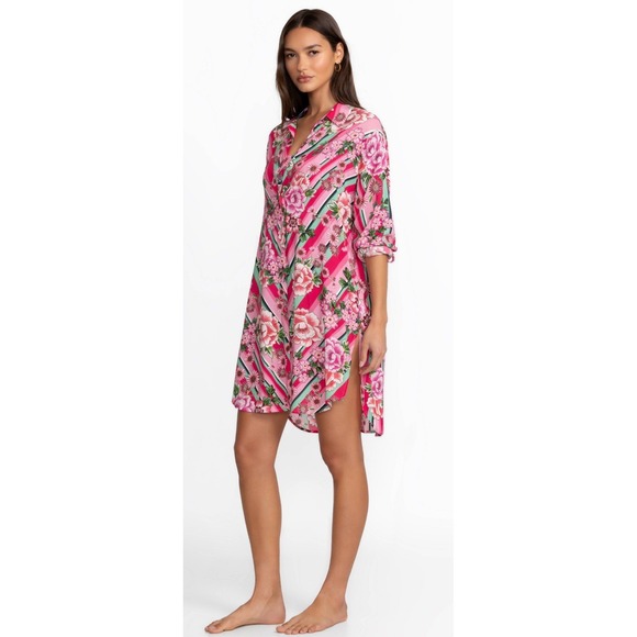 Johnny Was Tops - Johnny Was Bocardi Button Down Shirt Dress Pink Floral Roll Tab Sleeves  Medium